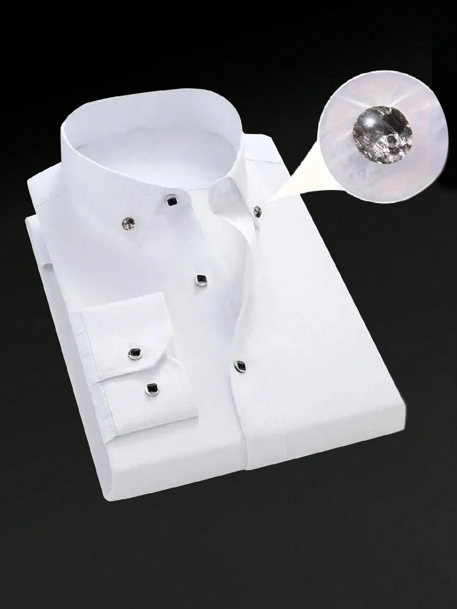 Men's Solid Color Front Button Rhinestone Decoration Formal Shirt - Breathable All-Season