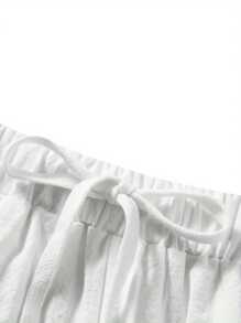 Women Casual Clothes Set Summer Solid Color 3/4 Sleeve Button-Up Shirts Tops And Drawstring Shorts Outfits - sữa - Xem 5