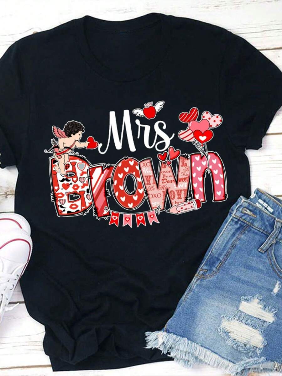 Women'S Round Neck Printed T-Shirt - Black - View 1