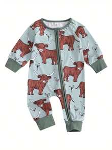 Mono vaquero con estampado de ganado para bebé niña y niño, cuello redondo, manga larga, cremallera y largo completo para otoño - Verde - Ver 1