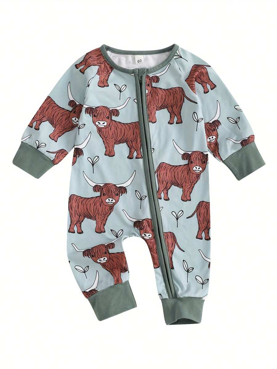 Mono vaquero con estampado de ganado para bebé niña y niño, cuello redondo, manga larga, cremallera y largo completo para otoño - Verde - Ver 1