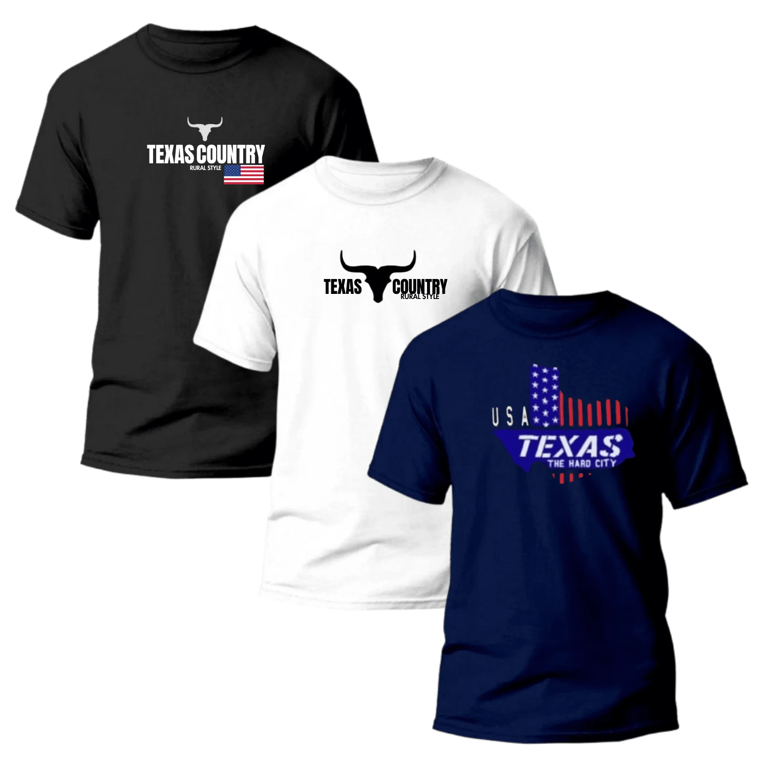 Kit 3 Country Style T-Shirts Raw Fashion Men's Shirt 100% Cotton - 藍白色 - 查看 1