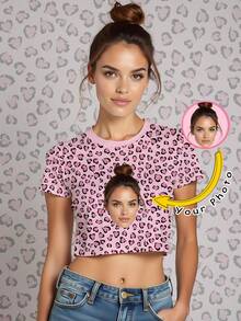 Women 3D Printed Custom Picture T-Shirt Fashion Personalized Crop Top Shirts Pink Leopard Print Baby Tees Add Your Own Photos (Family Photos, Selfies) To Design Custom Printed T-Shirts Casual - Pink - View 3