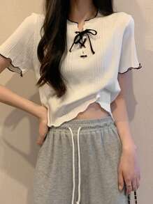 撞色修身短袖针织女式上衣，夏季白色 - 白色 - 查看 6