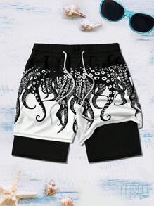 Men's Octopus Print Beach Shorts, Fashionable & Sporty Double Layer Shorts For Outdoor Wear, Spring/Summer,Hawaiian