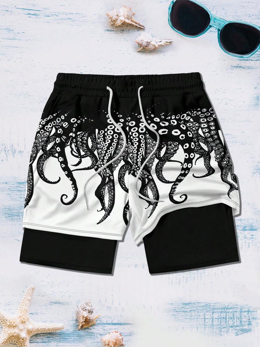 Men's Octopus Print Beach Shorts, Fashionable & Sporty Double Layer Shorts For Outdoor Wear, Spring/Summer,Hawaiian