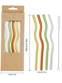 Set (4 Straws + 1 Brush) Wavy Glass Straws, Reusable Colorful Glass Straws With 1 Cleaning Brush, Heat Resistant, Perfect For Smoothies, Tea, Coffee, Juice, Festival Party Wedding, Kitchen Utensils, Party Supplies, 20cm/7.8inch,School Supplies - One Size - View 3