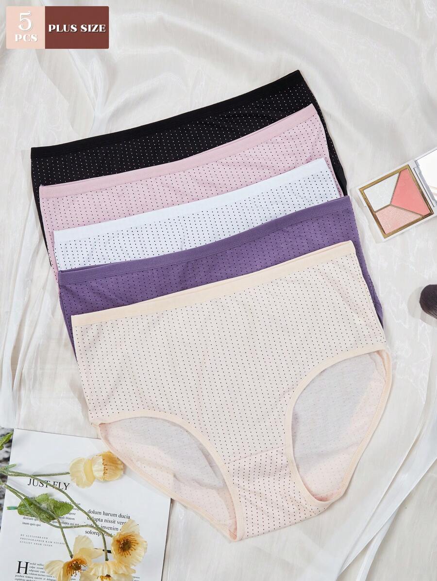5pcs/Pack Women Plus Size High Waist Polka Dot Print Comfortable Underwear - Multicolor - View 1