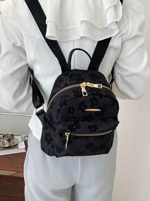 Fashionable Floral Print Black Backpack For Teens, Double Zipper Design, Suitable For Daily Use