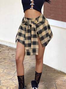 Y2K Street Plaid Print Tie Front Asymmetrical Hem With Cover Up Shorts