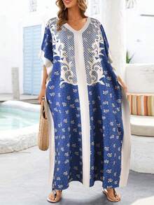 女士中东风格 V 领长袍，休闲宽松花卉印花开叉海滩罩袍 - 寶藍色 - 查看 4