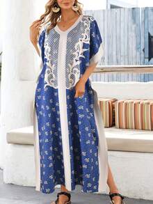 女士中东风格 V 领长袍，休闲宽松花卉印花开叉海滩罩袍 - 寶藍色 - 查看 5