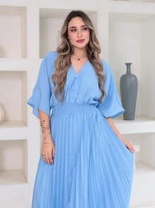 Vitoria Women's Midi Dress With Button Short Sleeve Pleated