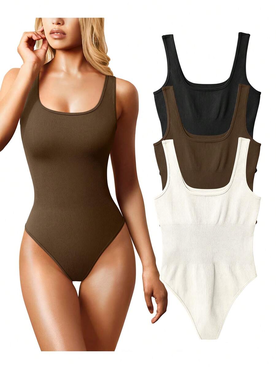 Women's 3 Pieces Bodysuits Sexy Ribbed Sleeveless Square Neck Tank Tops Leotard 2025 Outfits - 黑,咖,米 - 查看 1