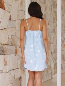 Women Slip Dress, Spaghetti Straps Backless Graphic Print A-Line Dress Summer Mini Dress - Màu xanh lam - Xem 4