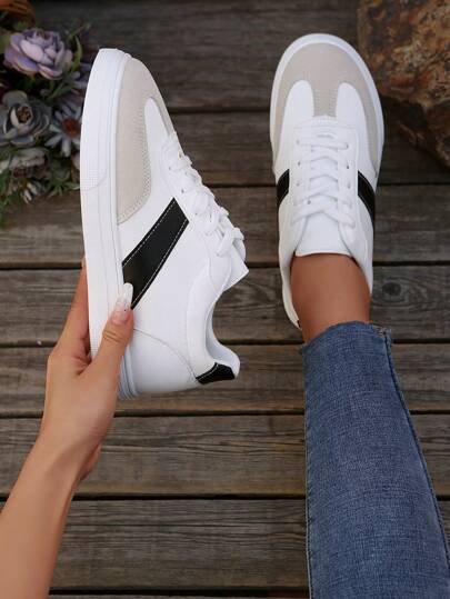 Damen neue Schnürsenkel Farbblock Element Lässig Sneaker, moderne Mode chic Stil für Outdoor, Straße, Campus, vielseitig