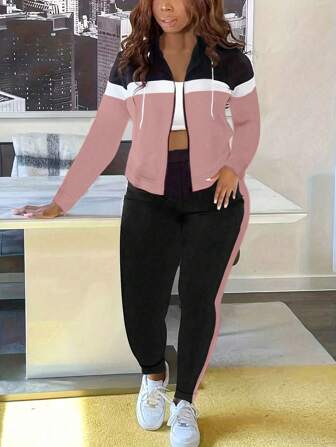 2pcs New Fashion Splice Casual Sports Jacket & Pants Set