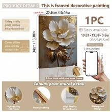 1 pieza, Pintura colgante de lienzo, Pintura decorativa enmarcada, Póster, Arte de pintura de óleo floral blanca elegante con hojas doradas - Decoración de pared abstracta moderna para sala de estar, dormitorio, oficina, etc. - Pintura al óleo enmarcada en HD, regalo perfecto para Halloween, Acción de Gracias, Navidad, decoración de habitaciones, pasillo, cafetería, biblioteca, baño