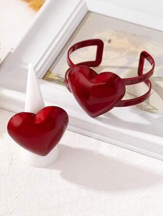 1 Set Elegant & Fashionable Heart Adjustable Bracelet & Ring Jewelry Set, For Ladies Holiday Party Gifts