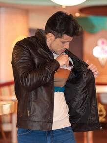 MEN'S LEATHER JACKET CASUAL SUPER STYLISH COMFORTABLE PREMIUM PIECE MOTORCYCLE STYLE - Cà phê nâu - Xem 3