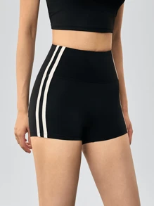 撞色条纹高腰收腹健身跑步训练短裤女式春夏季弹力快干紧身运动短裤 - 黑色 - 查看 3