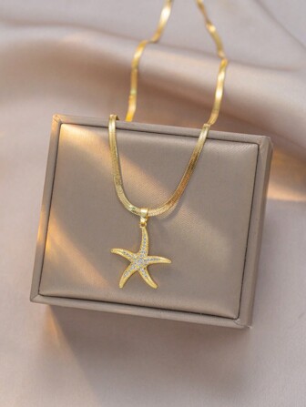 1 pieza Colgante de collar de acero inoxidable con diseño de estrella de mar, creativo, simple y elegante, adecuado para la playa, vacaciones, fiestas, regalos para el Día de San Valentín, Ramadán, uso diario (bolsa y caja solo para fotografía, no incluidas)