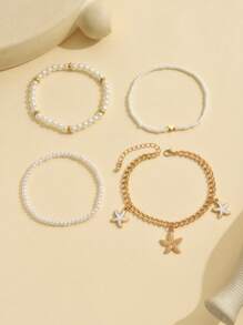 4 件套珍珠串珠海星脚链，波西米亚风多层脚链首饰，适合女士日常佩戴和度假 - 彩色 - 查看 3