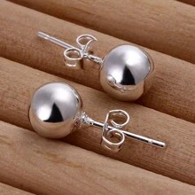 Brincos de prata esterlina 925 8/10 mm redondos, lisos, com contas sólidas, para mulheres, joias para festa de casamento e noivado