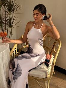 Random Animal Sea Shell Print Women Bodycon Long Dress - Apricot - View 3