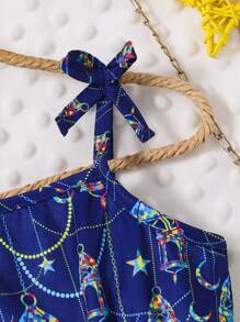 女婴春季斋月月亮和星星印花蝴蝶结吊带连衣裙 - 藍色 - 查看 4