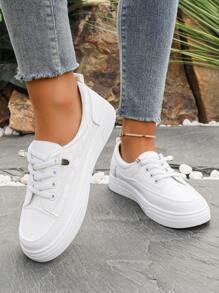 Plus Size Women Athletic Sneakers,White School Casual Student Flat Fashionable Lace-Up Trainers,Non-Slip Breathable Leisure Comfortable Big Size Shoes