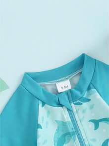 Baby Kids Girls Boys Rash Guard Set, Short Sleeve Shark Dolphin Print Top With Shorts Hat Swimsuit Summer Swimwear - Sky Blue - View 6
