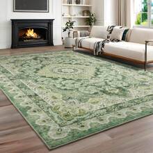 Low Pile Washable Rugs For Living Room, Faux Wool Vintage Rug For Bedroom Dining Room Home Decoration - màu xanh lá - Xem 3