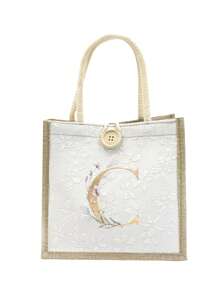 Túi vải lanh, Túi vải lanh họa tiết hoa nhí trang trí nút, Túi xách cỡ lớn tối giản, Túi đựng đồ tiện dụng, Túi mua sắm đa năng, Chữ A-Z lá xanh mạ vàng, Thiết kế mới, Dung tích lớn, Lý tưởng cho mua sắm, Túi đeo vai, Túi xách tay, Túi đựng cơm trưa, Hộp cơm trưa, Phù hợp cho nữ, Phiên bản năm mới - trắng - Xem 22