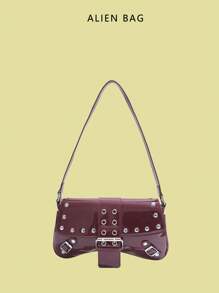 大容量通勤小众设计单肩包，休闲百搭简约时尚手提包，新款女包，舒适面料PU纹理纯色设计按扣开合，舒适长肩带，大空间容量，线上不对称造型包包 - 紅色 - 查看 1