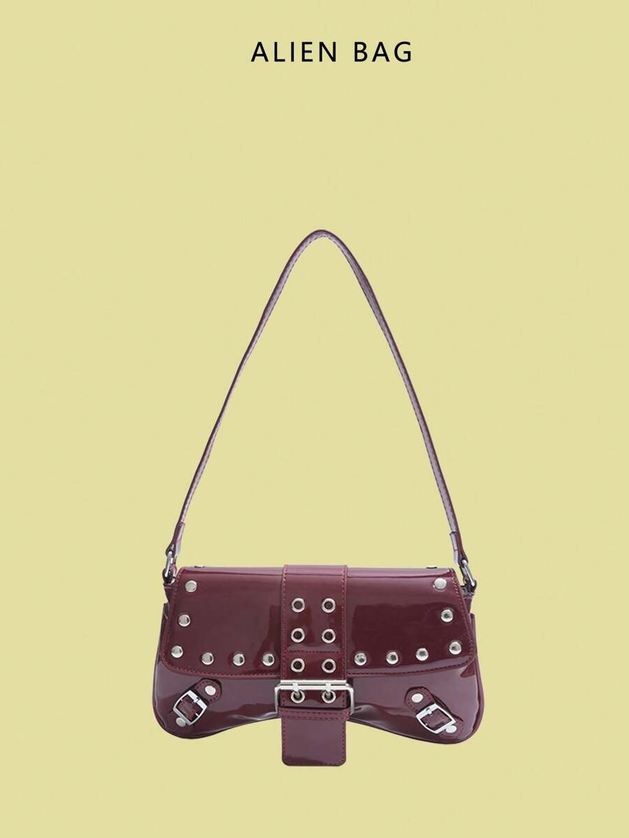 大容量通勤小众设计单肩包，休闲百搭简约时尚手提包，新款女包，舒适面料PU纹理纯色设计按扣开合，舒适长肩带，大空间容量，线上不对称造型包包 - 紅色 - 查看 1