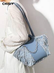CHISIY [原创手工制作] 钻石格子流苏贝壳 Walkaway 系列蓝色人造皮革和织物链可调节肩带手提包带磁扣开合，简约优雅，容量大，适合情人节礼物、通勤、度假、所有季节 - 藍色 - 查看 3