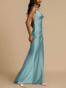 女士夏季露背吊带缎面长裙，性感优雅派对礼服舞会服装，婚礼宾客礼服，适合鸡尾酒会 - 藍色 - 查看 6