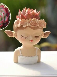 1PC Fairy Flower Pot Cute Cartoon Little Girl Light Luxury High-End Feeling, Personalized Creative Shape Fleshy Flower Pot, Human Face Makeup Brush Storage Tube Dressing Table Eye Shadow Eyebrow Brush Pen Holder