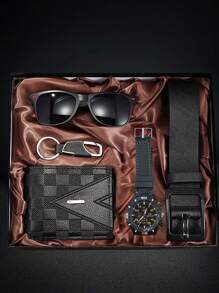 Set de 5 piezas de regalo para hombres que incluye reloj de cuarzo falso casual, billetera, gafas de sol, llavero y cinturón