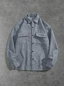 Men's Corduroy Turndown Collar Military Style Long Sleeve Shirt, Loose Fit Versatile Casual Outer Wear, Spring Autumn