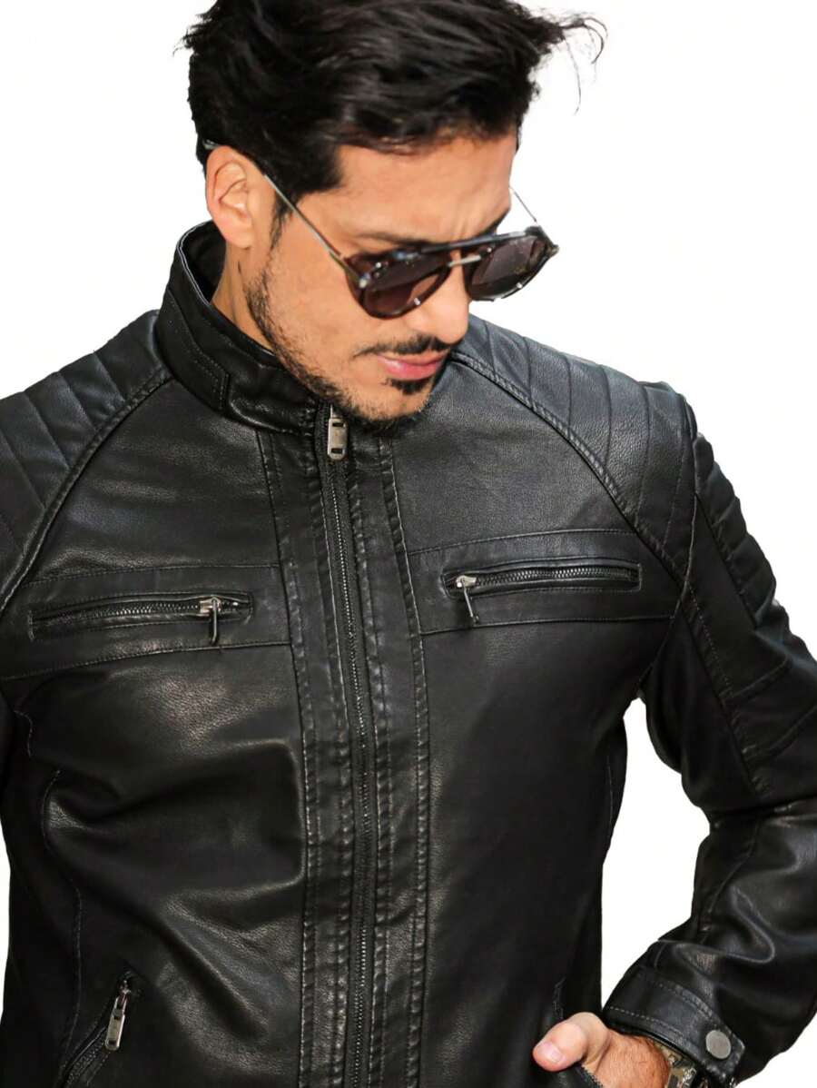 MEN'S LEATHER JACKET CASUAL SUPER STYLISH COMFORTABLE PREMIUM PIECE MOTORCYCLE STYLE - màu đen - Xem 1