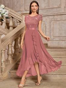 MIUSOL Sequin Floral Lace Contrast Color Chiffon Short Sleeve Ruffle Hem Maxi Evening Dress - Dusty Pink - View 6