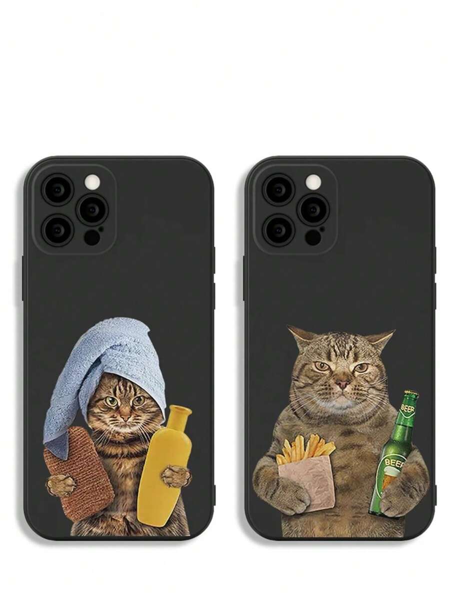 2-pack schattige en grappige schokbestendige telefoonhoesjes met kattenprint, compatibel met 16 Pro Max, 14, 13, 12, 11 Pro Max, XS Max, X, XR, 8, 7, Plus, Mini, geschikt als verjaardagscadeau voor je vriend(in) of jezelf.