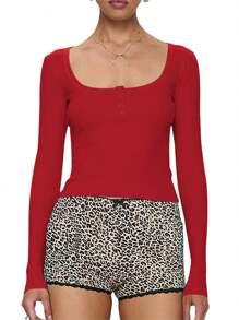 Women Crop Fitted Tops Solid Color Square Neck Button Long Sleeve Henley Shirt For Club Streetwear - Red - View 3