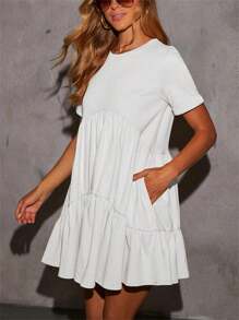 Women's Solid Color Dress Ruffled Tiered Hem Short Sleeve Round Neck Loose Short Maternity Dress - White - View 5