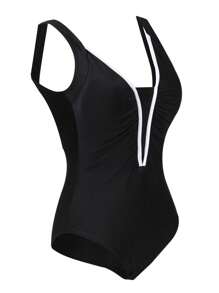 Women One Piece Swimsuit Sleeveless Deep V Neck Ruched Open Back High Cut Plus Size Swimwear