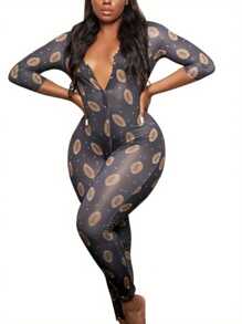 Womens Long Sleeve Jumpsuit, Deep V Neck Button Front Romper Fashion Rugby Print Loungewear - Black - View 2