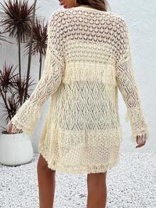 Spin Women's Loose Lace Openwork Beige Long Sleeve Cardigans, Casual Vacation Style Cover Up Outerwear, Spring/Summer