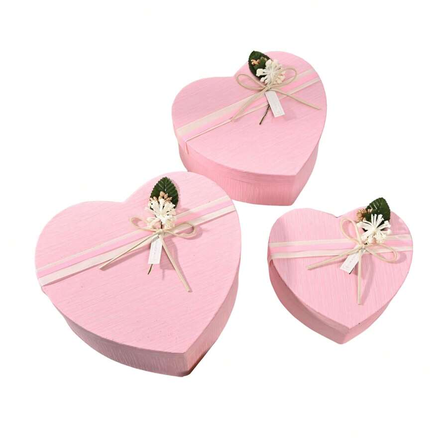 Valentines Present Box 3 Pieces Cute Heart Present Boxes With Bow Present Container For Presents Flowers Wrapping - 粉色 - 查看 1